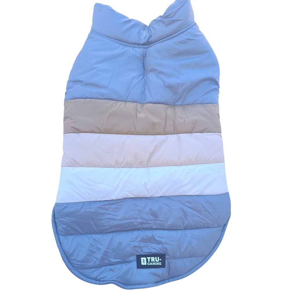 TRU-CANINE Pet Apparel Dog Puffer Vest Blue Tan Stripe Fleece Lined Large L NWT